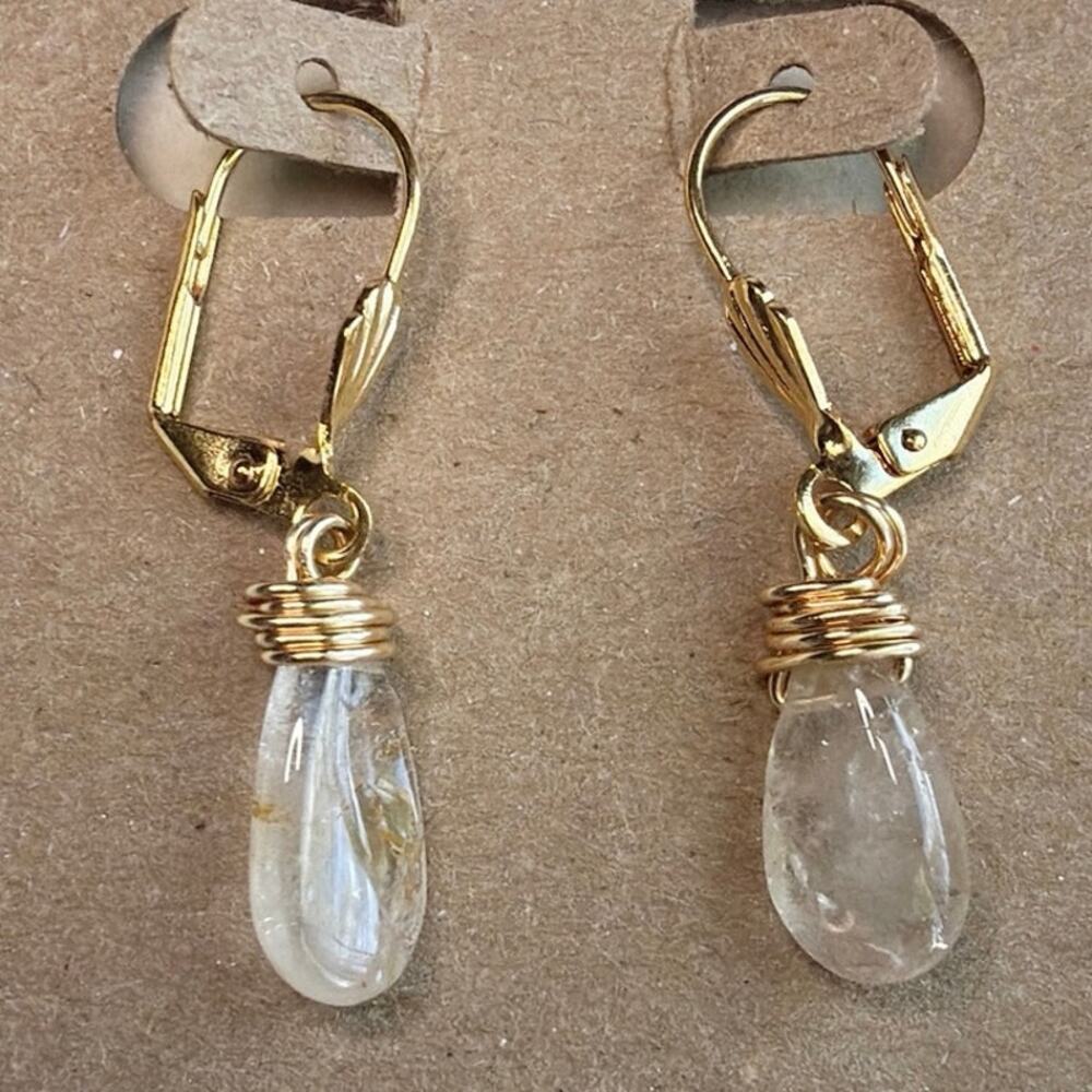 Golden Topaz Drop Earrings, Wire Wrapped, 18K Gold Plated Lever Backs, Artisan